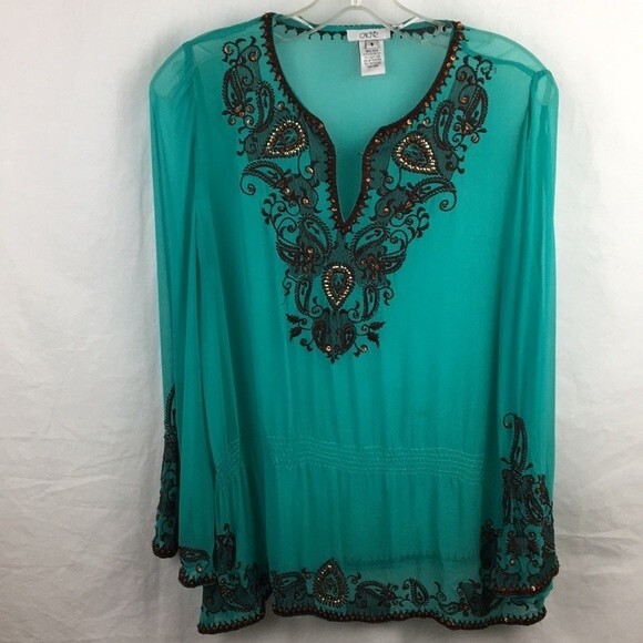 Cache 100% Silk Blue & Brown Sheer Embellished Embroidered Peasant Top S - Picture 1 of 8